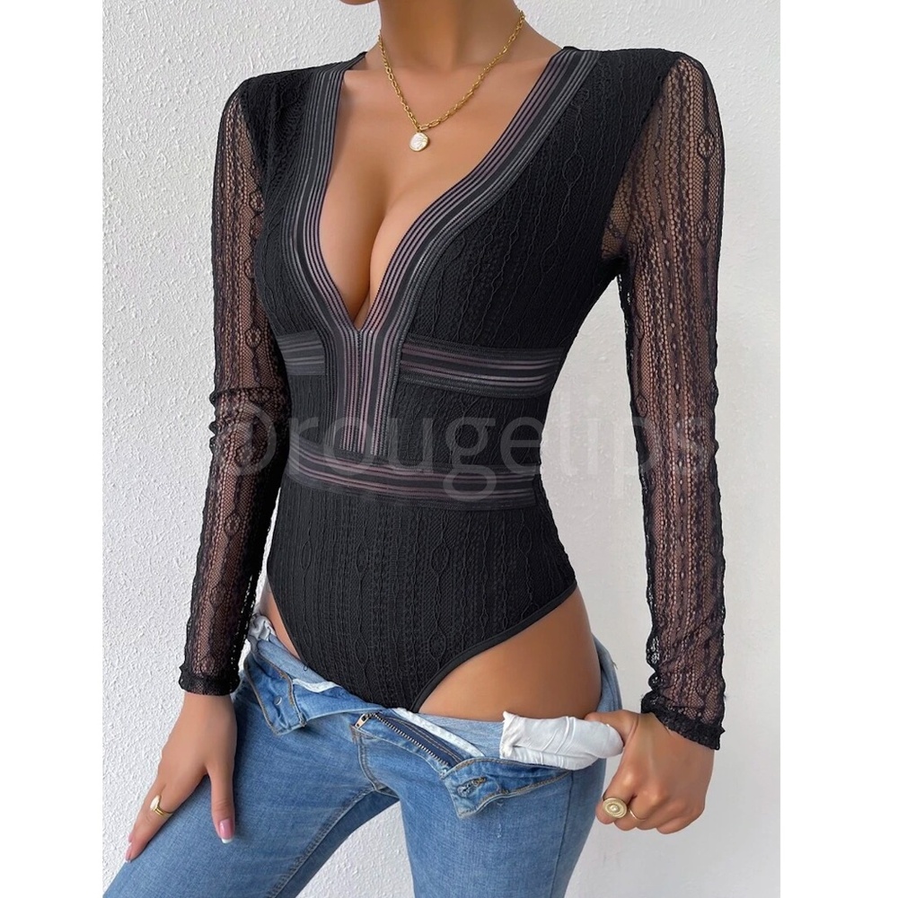 Black Lace Bodysuit Cut Out Back V-Neck Long Sleeve - Picture 5 of 13